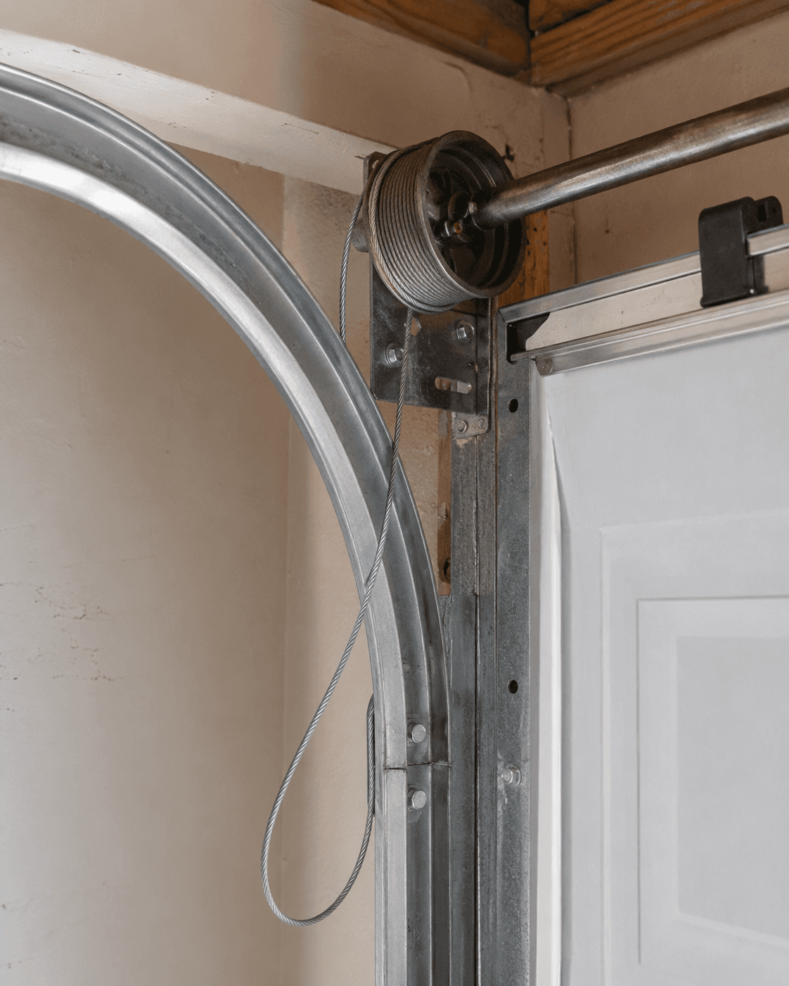 Loose garage door lifting cable beside the cable drum