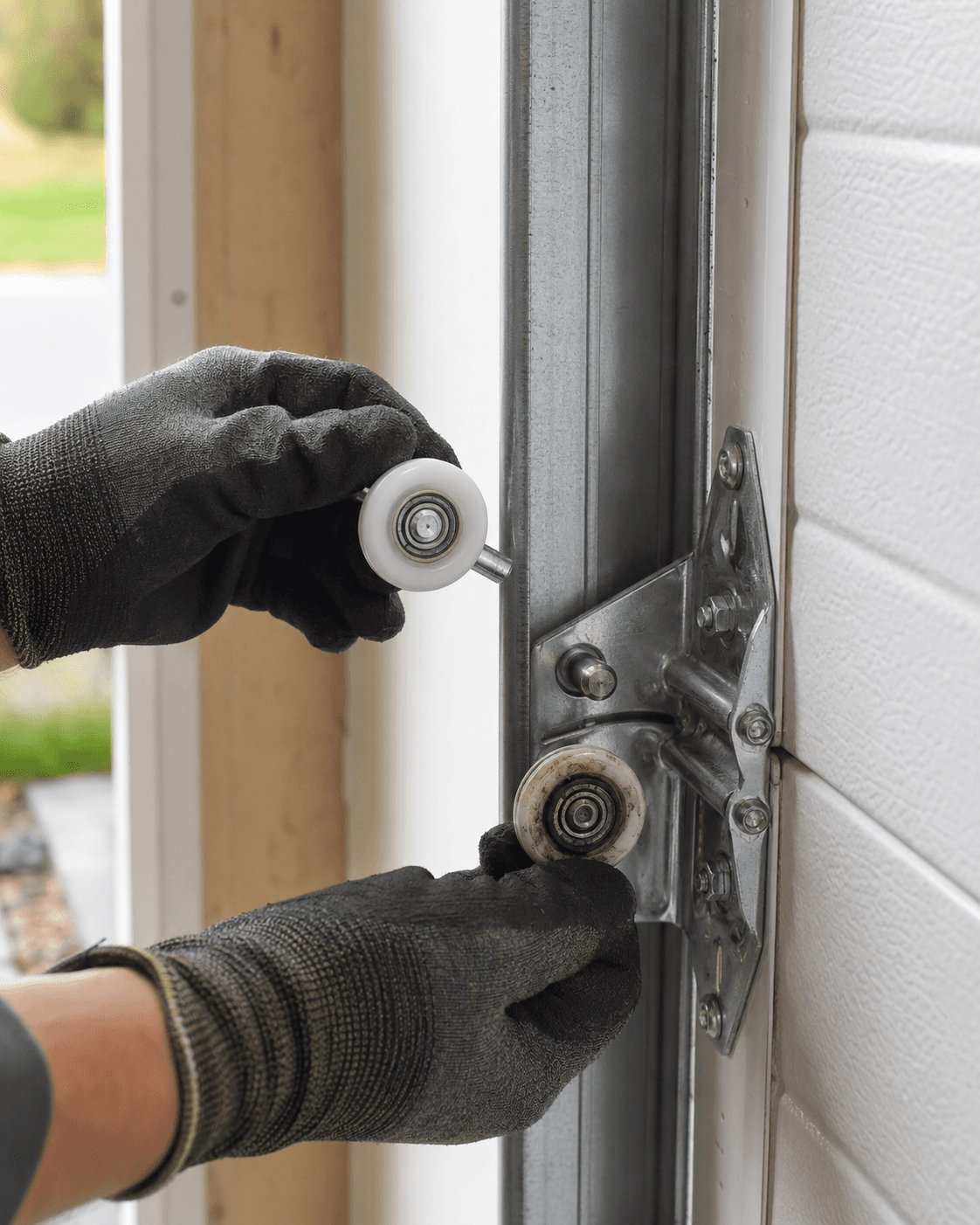Technician replacing a worn residential garage door roller