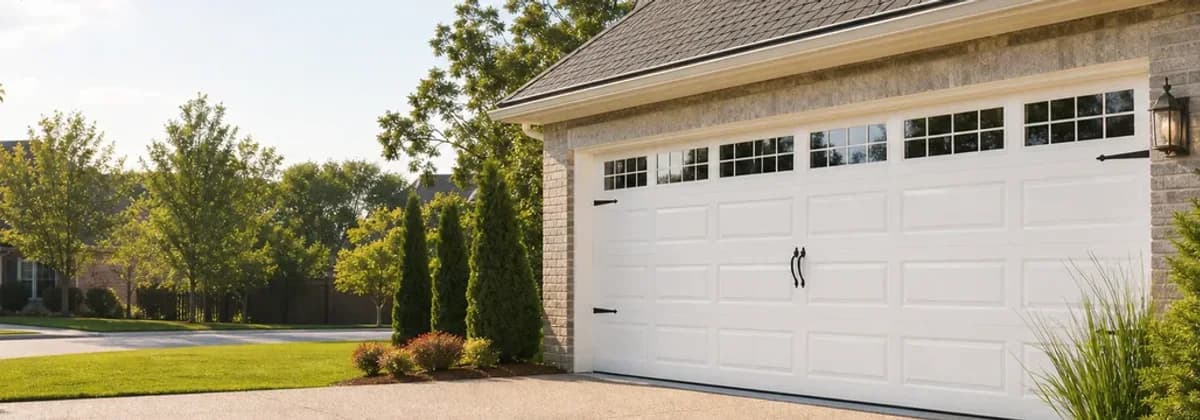 Residential home with an upgraded garage door at dusk
