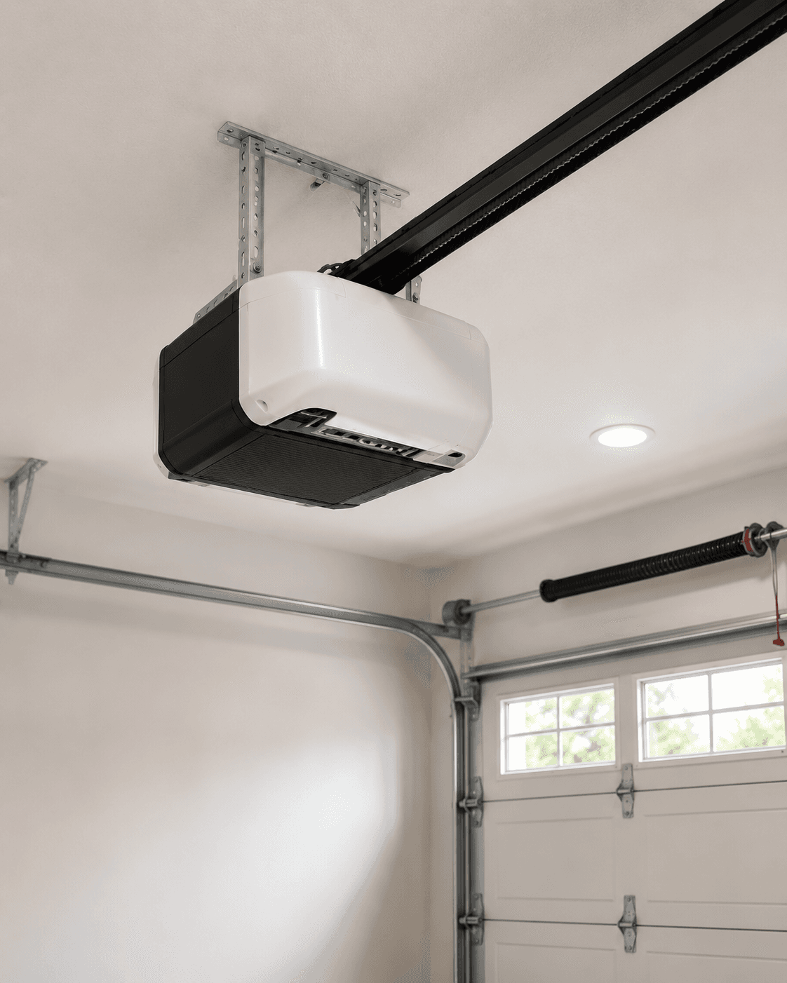 Belt-driven garage door opener with reinforced belt installed in a residential garage