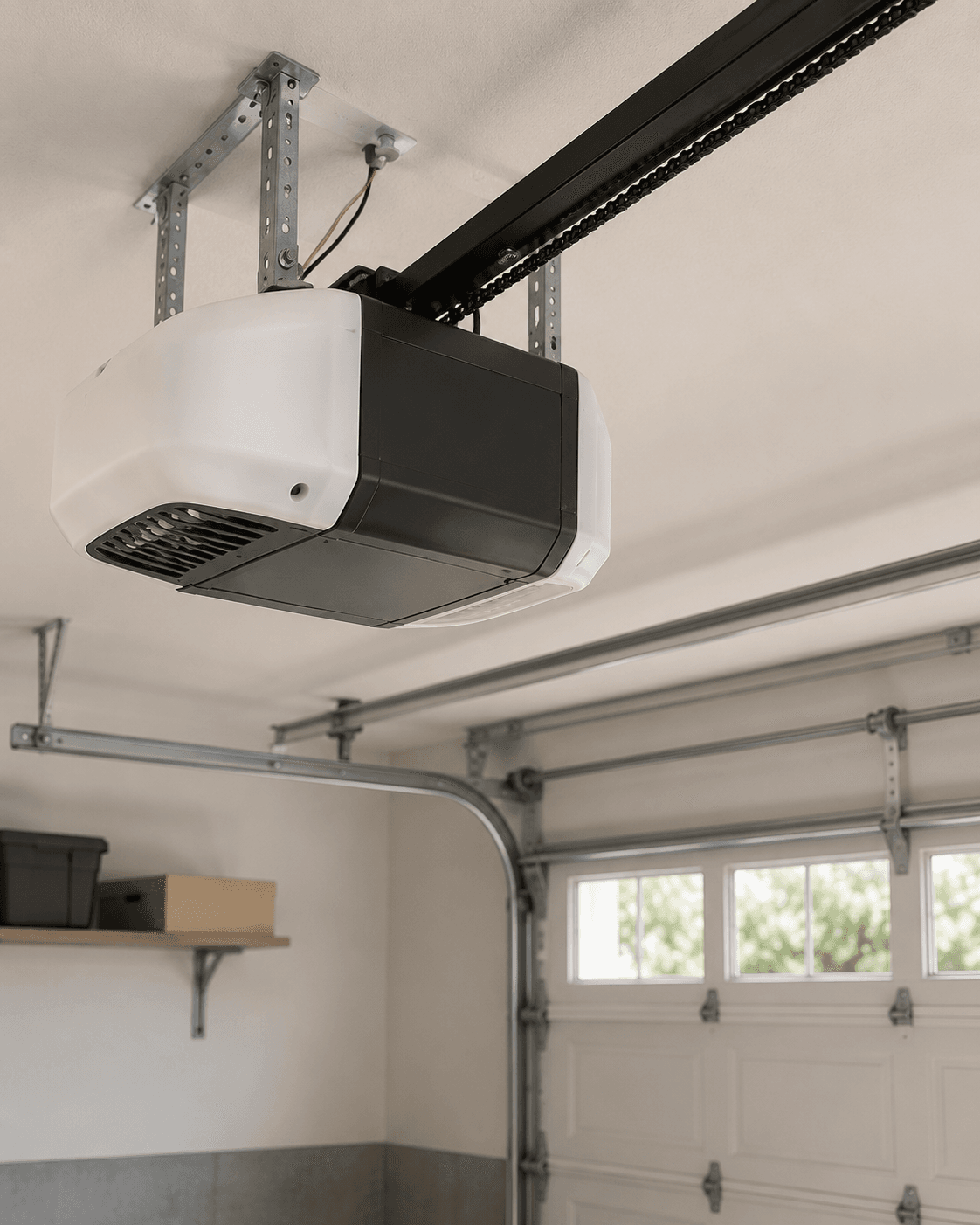 Chain-driven garage door opener installed on a residential garage ceiling