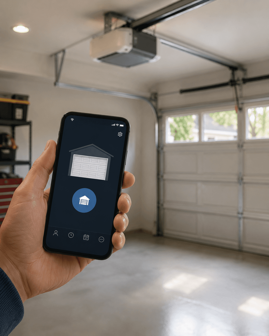Smartphone controlling a connected residential garage door opener