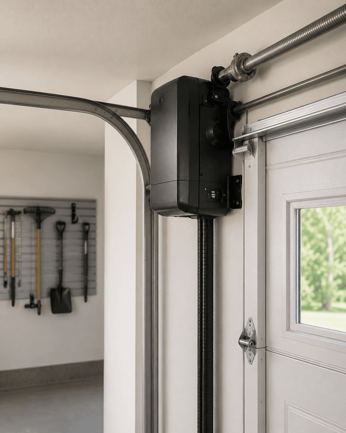 Wall-mounted garage door opener installed beside the torsion shaft