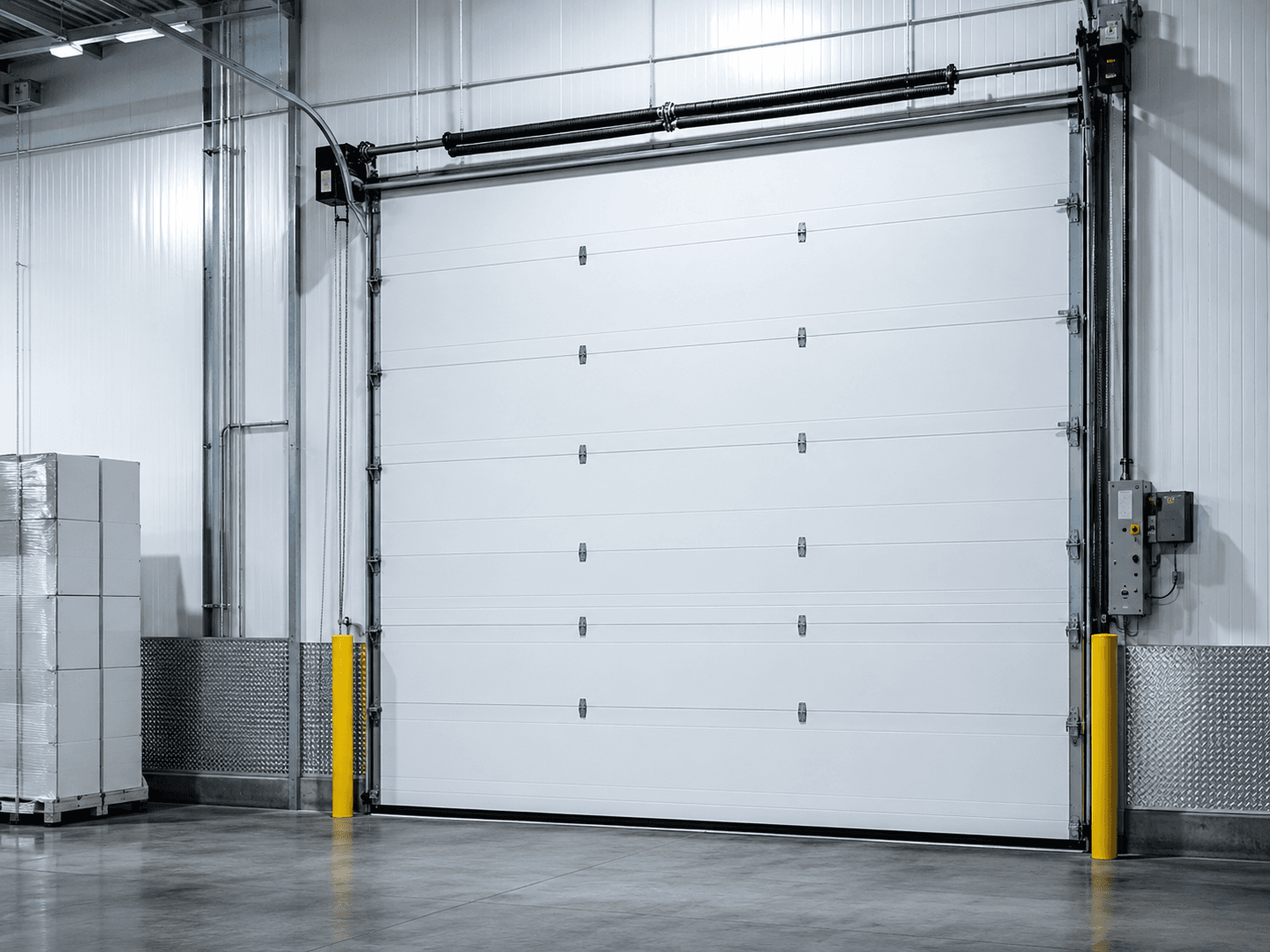 Insulated industrial overhead door inside a commercial building
