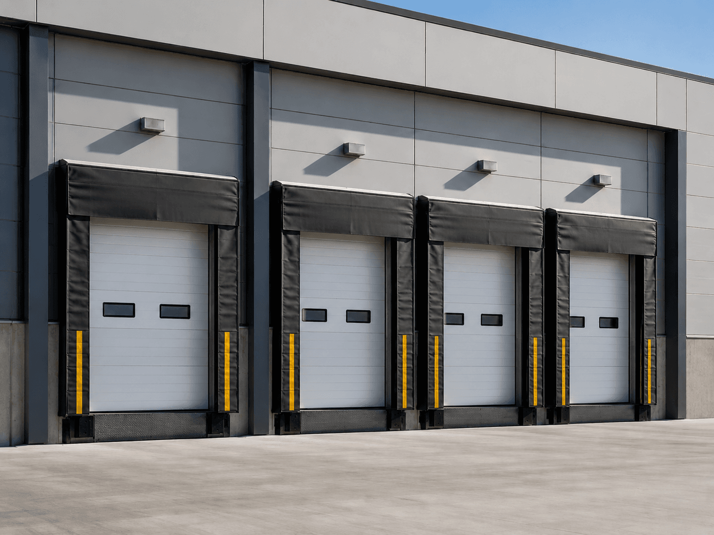 Multiple loading dock doors at a commercial warehouse