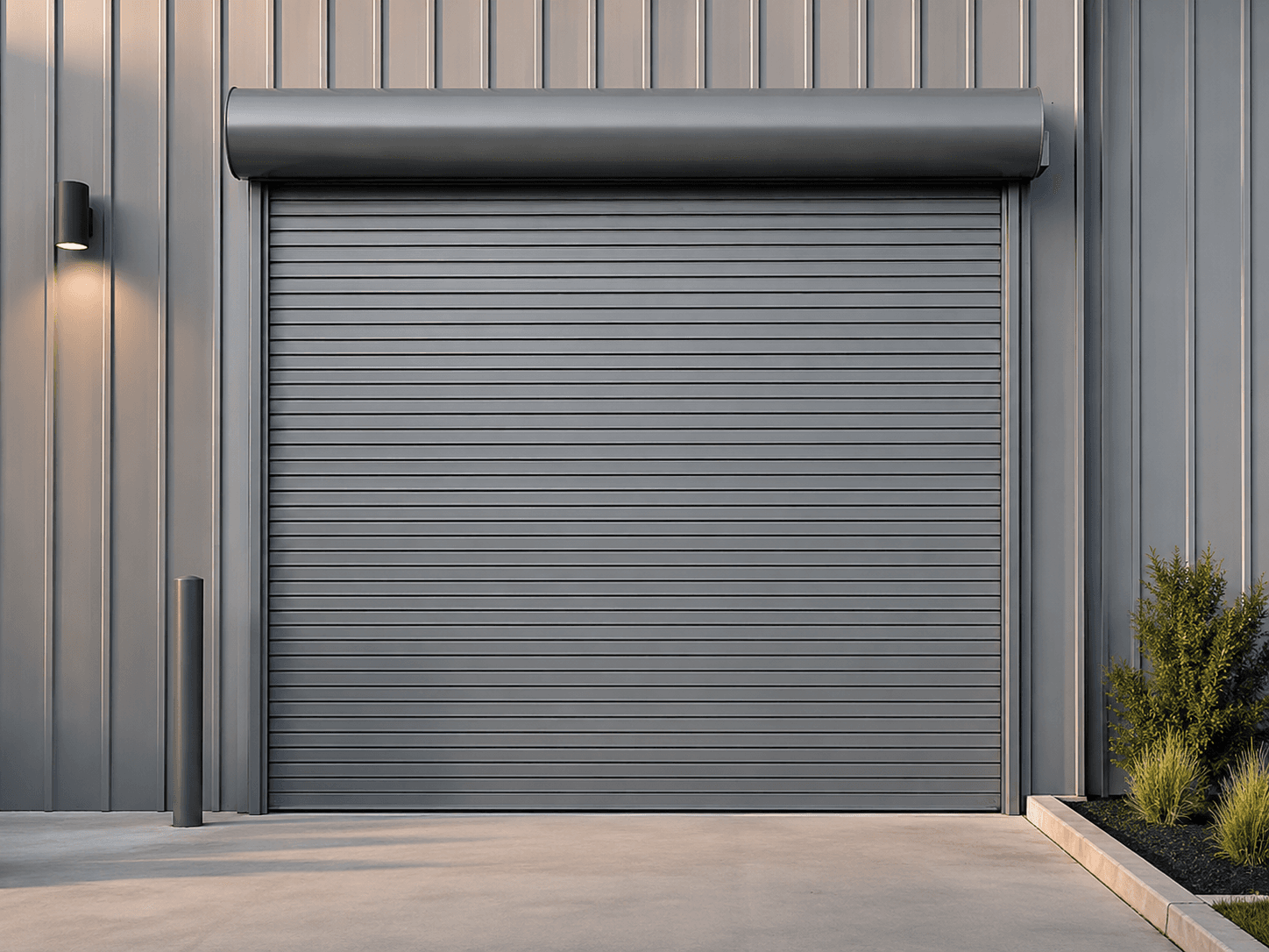 Commercial rolling steel door at a business property